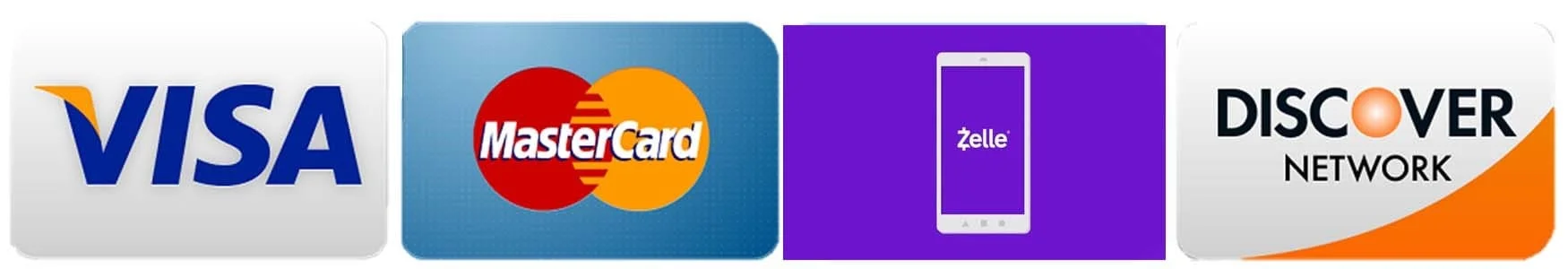 Logos for Mastercard, Discover, Zelle, and Visa, indicating all credit cards are accepted.